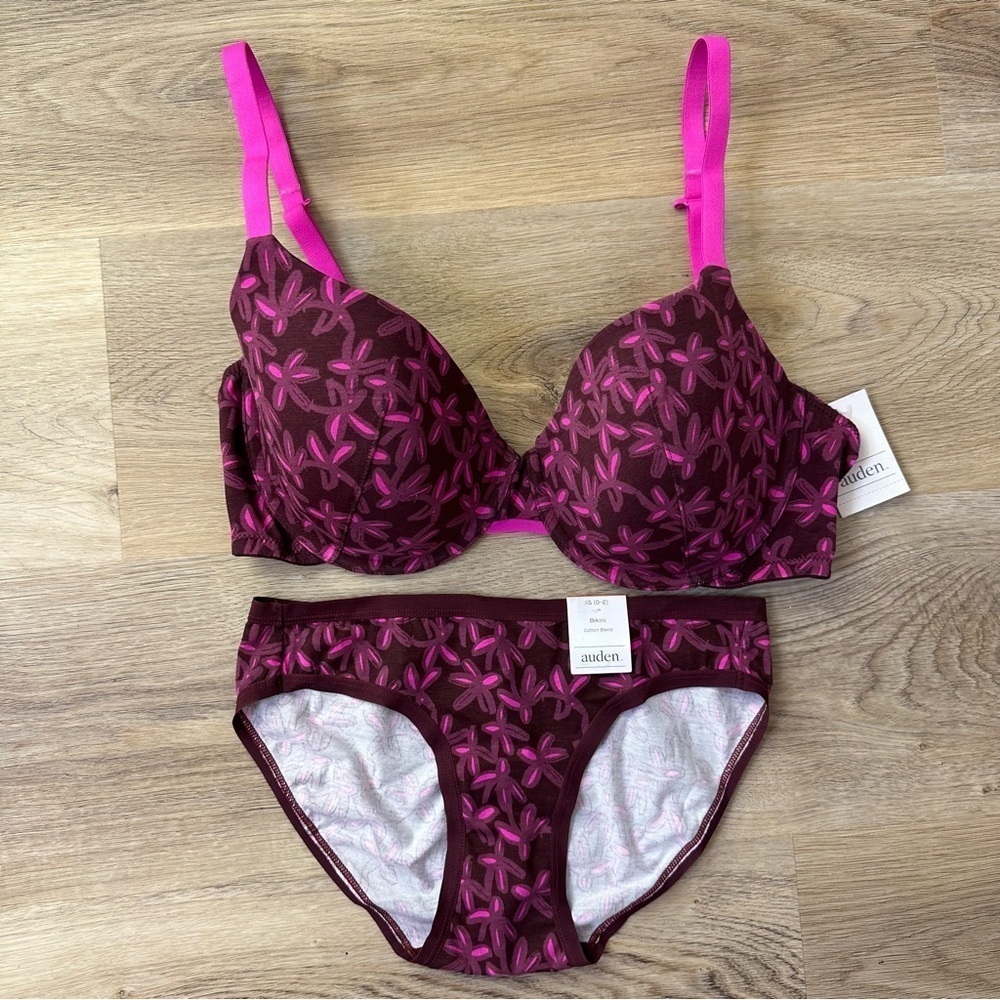 NWT Auden Purple and Pink Floral Bra and Panty Set size 34DD | XS